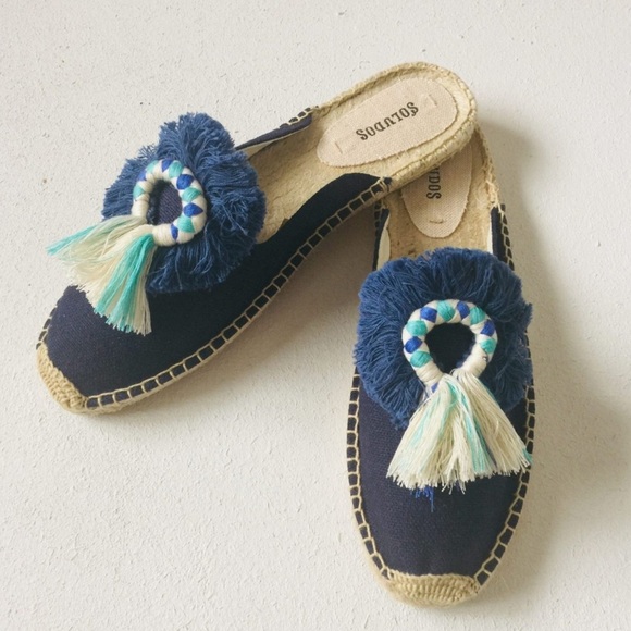 Soludos Kiki Tassel Midnight Blue Canvas Slip On Flat Mule Espadrilles NWOB - Picture 1 of 13